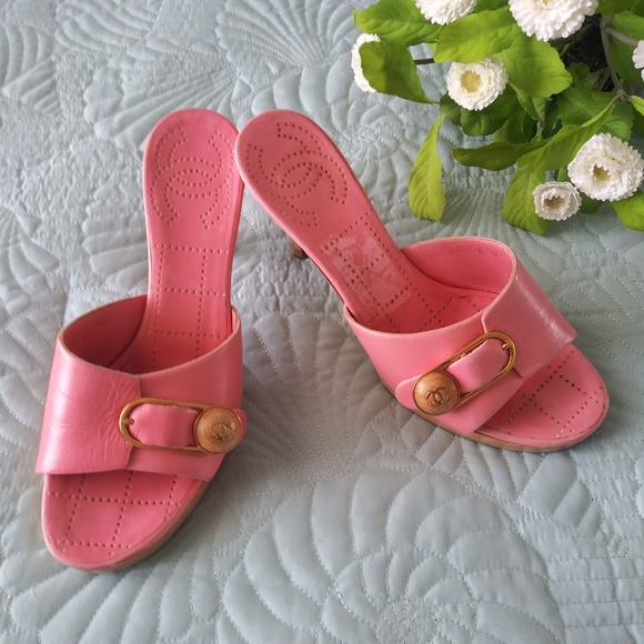 CHANEL Shoes - CHANEL Sandals Mules High Heel Shoes Pink Wood 6